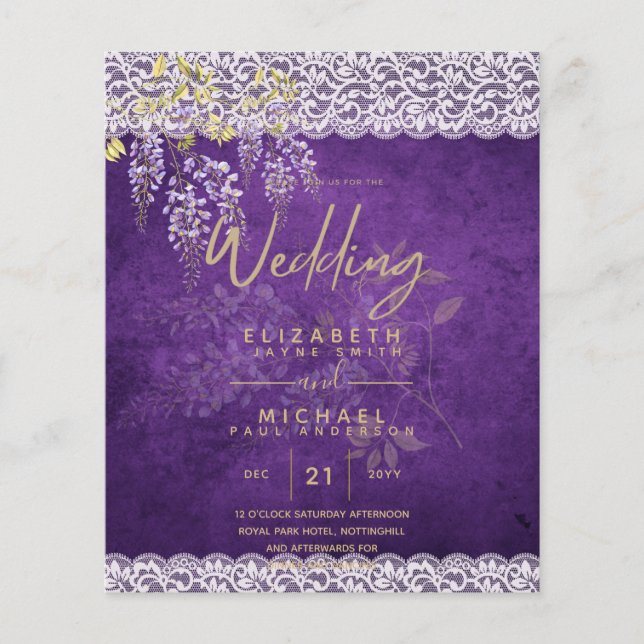 BUDGET Wisteria Purple Floral Lace Wedding INVITE Flyer (Front)
