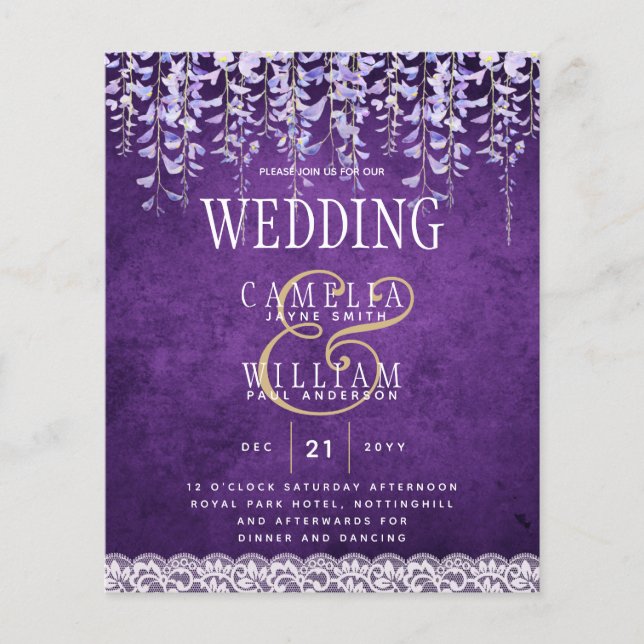 BUDGET Wisteria Purple Floral Lace Wedding INVITE Flyer (Front)