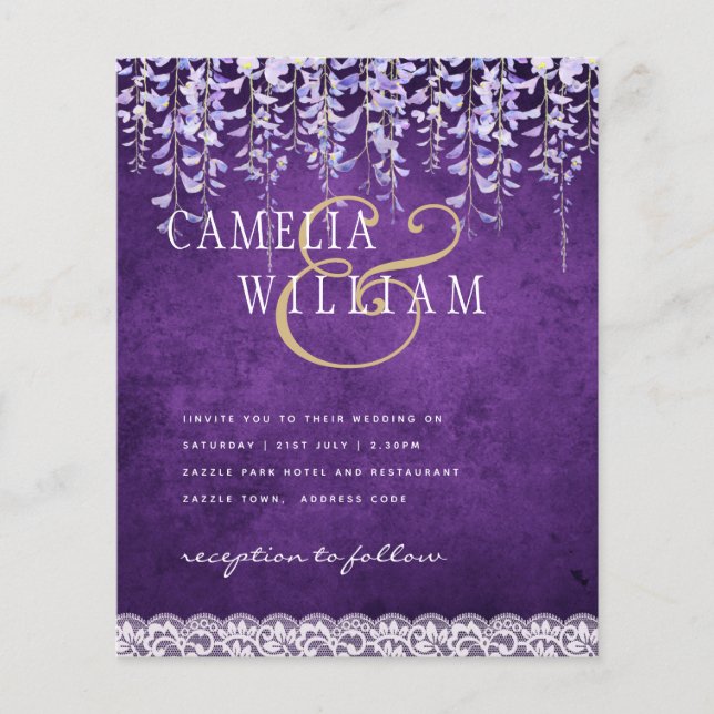 BUDGET Wisteria Purple Floral Lace Wedding INVITE Flyer (Front)