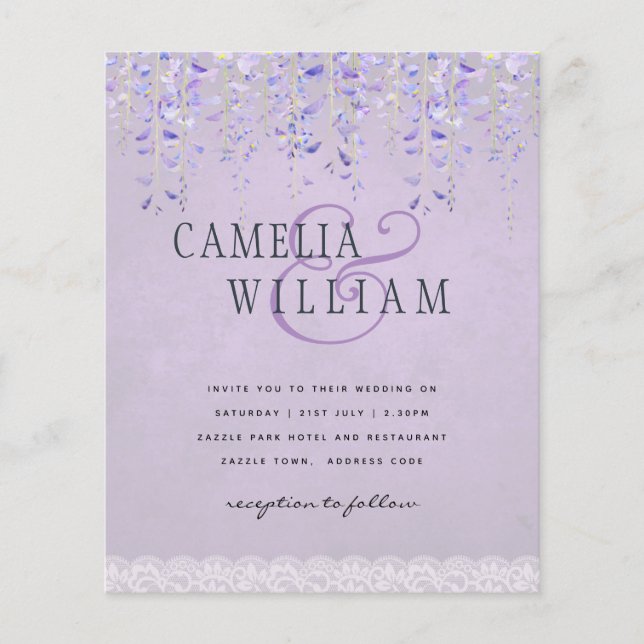 BUDGET Wisteria Purple Floral Lace Wedding INVITE Flyer (Front)