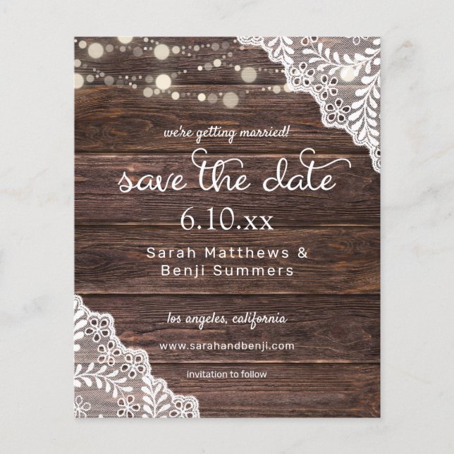 Budget Wood, Lace & Lights Save the Date V2 Photo Flyer (Front)