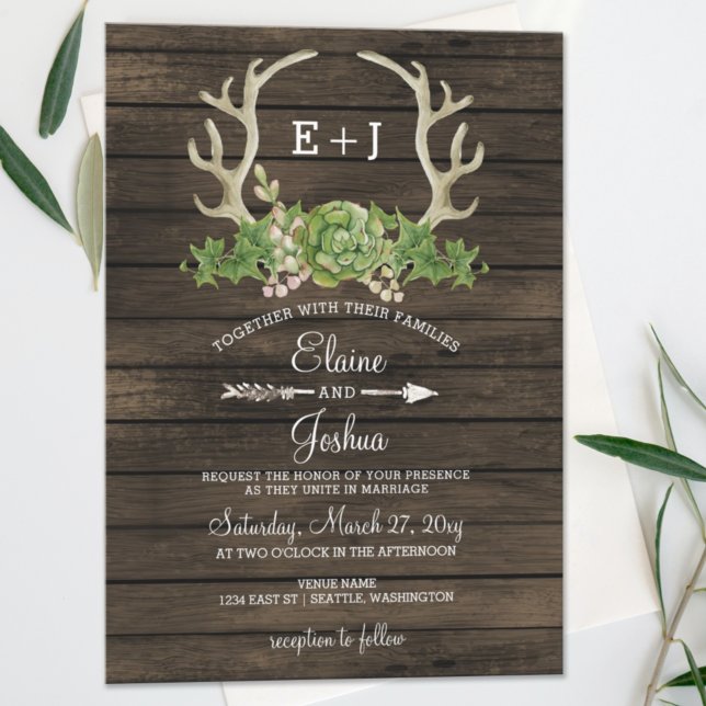 Budget Wood Succulent Antlers Wedding Invitation (Creator Uploaded)