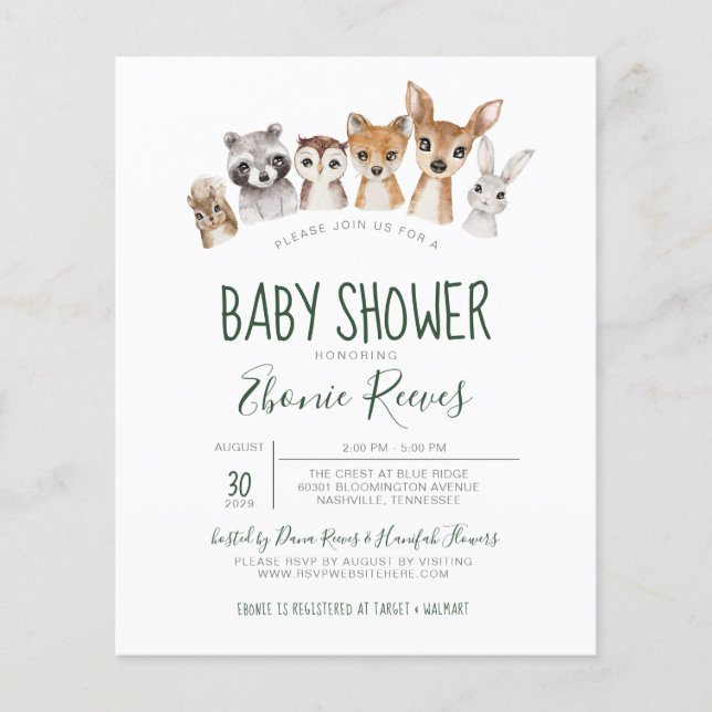 Budget Woodland Animals Baby Shower Invitation (Front)