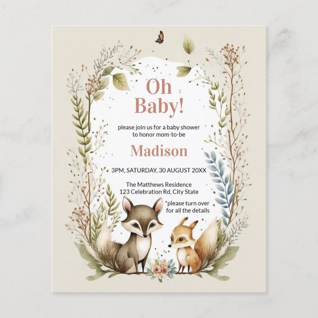 Budget Woodland Animals Girl Baby Shower Invite (Front)
