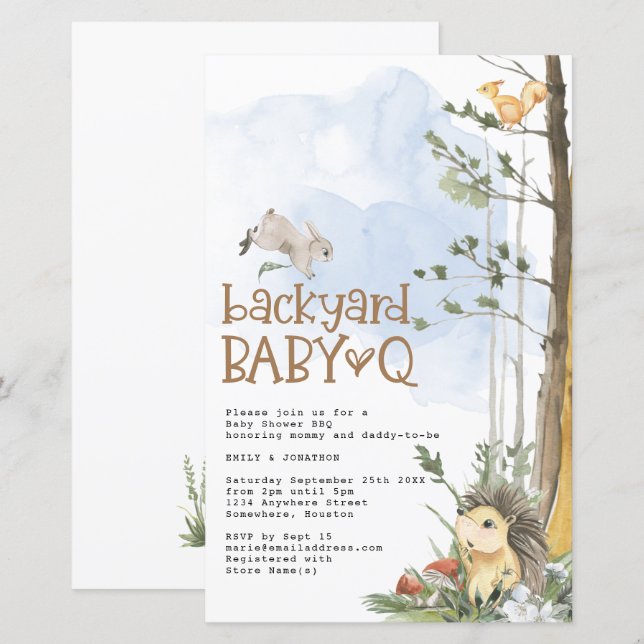 Budget Woodland Baby Q Backyard Baby Shower Invite (Front/Back)