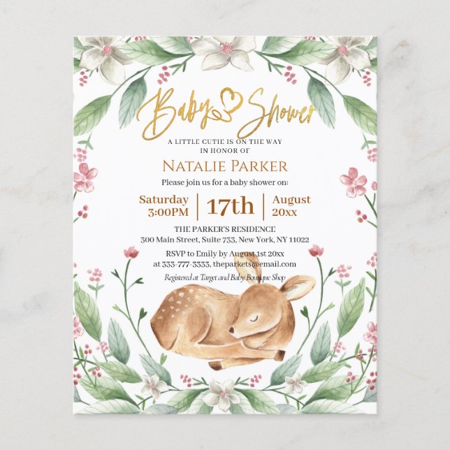 Budget Woodland Deer Sage Green Floral Baby Shower Flyer (Front)