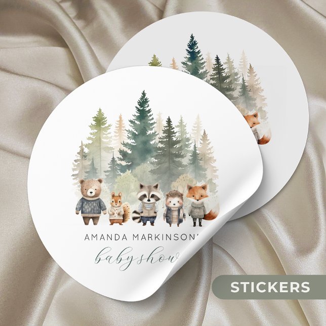 Budget Woodland Watercolor Baby Shower Classic Round Sticker (Creator Uploaded)