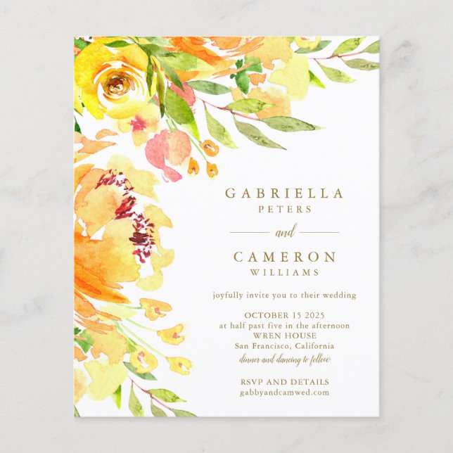 Budget Yellow Floral Watercolor Wedding Invite (Front)