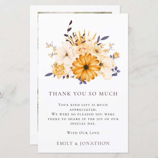 BUDGET Yellow Florals Wedding 3 Photo Quote Thanks (Front/Back)