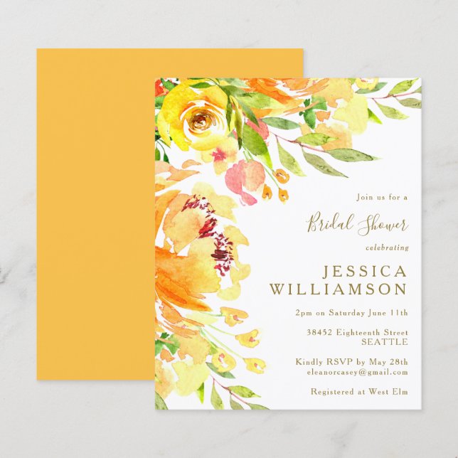 Budget Yellow Flowers Watercolor Bridal Shower  (Front/Back)