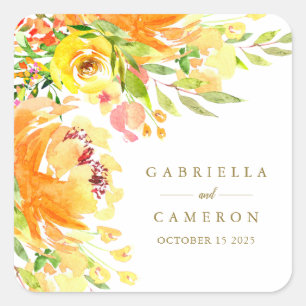 Budget Yellow Flowers Watercolor Wedding  Square Sticker