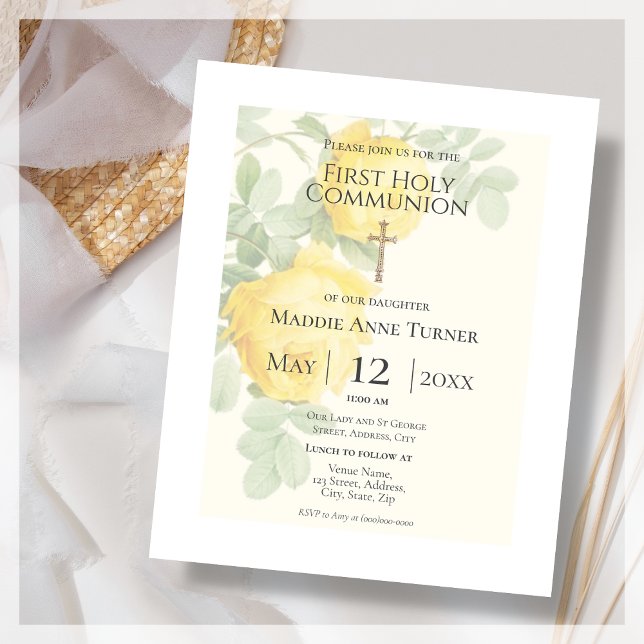 Budget Yellow Rose First Holy Communion Invitation (Creator Uploaded)