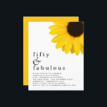 Budget Yellow Sunflower 50th Birthday Invitation<br><div class="desc">Yellow Sunflower 50th Birthday A budget friendly SMALLER 4.5” x 5.6” alternative. Available in a SEMI GLOSS 110 lb CARD STOCK or a SATIN FINISH 80 lb THINNER PAPER STOCK. Envelopes are an optional extra. Rustic style with a giant yellow sunflower to the top right and the header is large...</div>