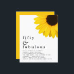 Budget Yellow Sunflower 50th Birthday Invitation<br><div class="desc">Yellow Sunflower 50th Birthday A budget friendly SMALLER 4.5” x 5.6” alternative. Available in a SEMI GLOSS 110 lb CARD STOCK or a SATIN FINISH 80 lb THINNER PAPER STOCK. Envelopes are an optional extra. Rustic style with a giant yellow sunflower to the top right and the header is large...</div>