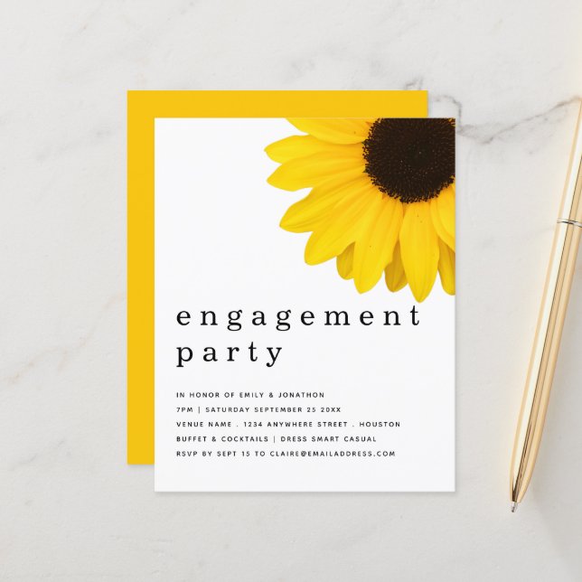 Budget Yellow Sunflower Engagement Party Invite (Front/Back In Situ)