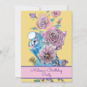 Budgie Blue Bird Birthday Childs Girls Pink Floral Invitation