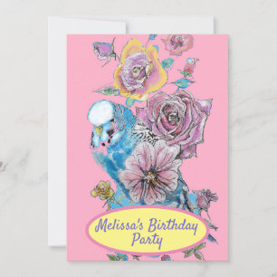 Budgie Blue Bird Birthday Childs Girls Pink Floral Invitation