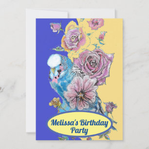 Budgie Blue Bird Birthday Girls Red Rose Flowers Invitation