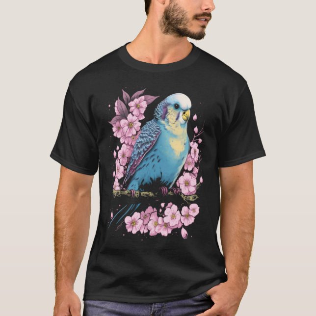 Budgie Budgerigar Bird Japanese Cherry Sakura Flow T-Shirt (Front)
