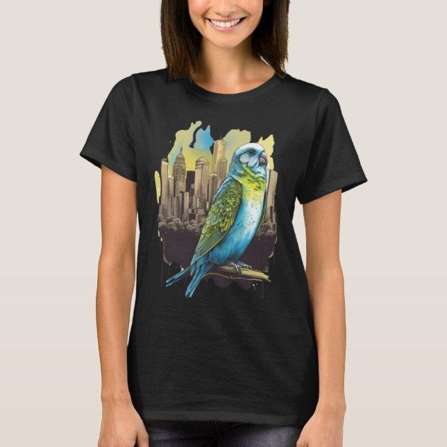 Budgie Budgerigar Parakeet City Skyline Parrot Bir T-Shirt (Front)