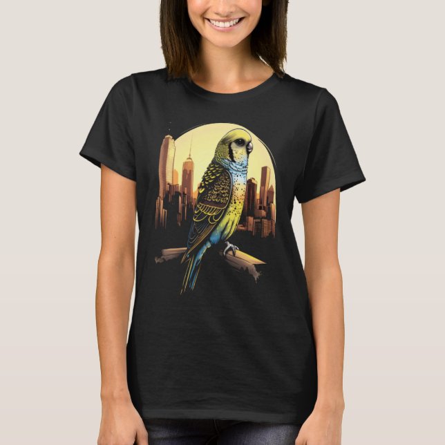Budgie Budgerigar Parakeet City Skyline Parrot Bir T-Shirt (Front)