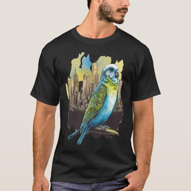 Budgie Budgerigar Parakeet City Skyline Parrot Bir T-Shirt (Front)