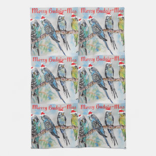 Budgie Budgies Merry Budgiemas Christmas dinner Tea Towel