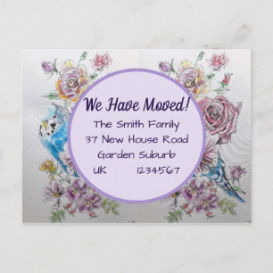 Budgie Flowers New Address Postcard, We Are Moving Postcard