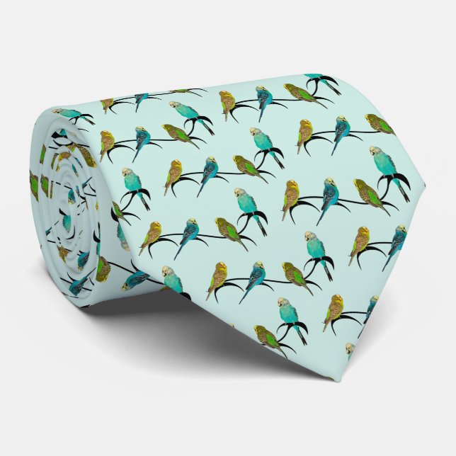Budgie Frenzy Tie (Light Cyan) (Rolled)