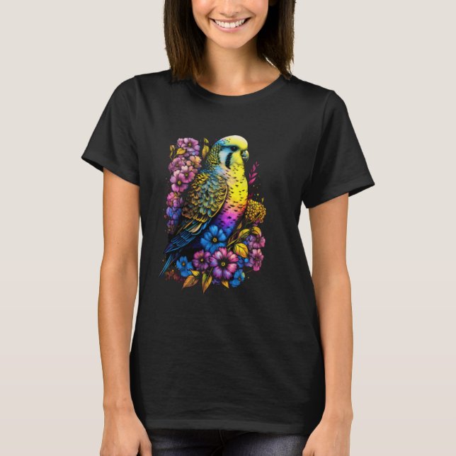 Budgie Mom Flower Budgerigar Parakeet Bird Mother  T-Shirt (Front)