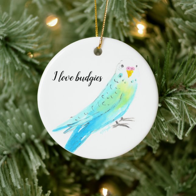  Budgie Parakeet Blue Watercolor Ceramic Ornament (Tree)