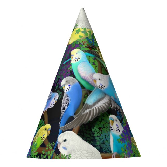 Budgie Parakeets in Ferns Party Hat (Front)