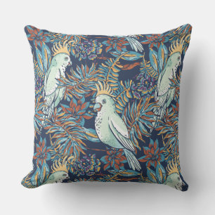 Budgie Rainforest Flowers Foliage Blue Background  Cushion