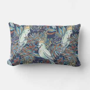 Budgie Rainforest Flowers Foliage Blue Background  Lumbar Cushion