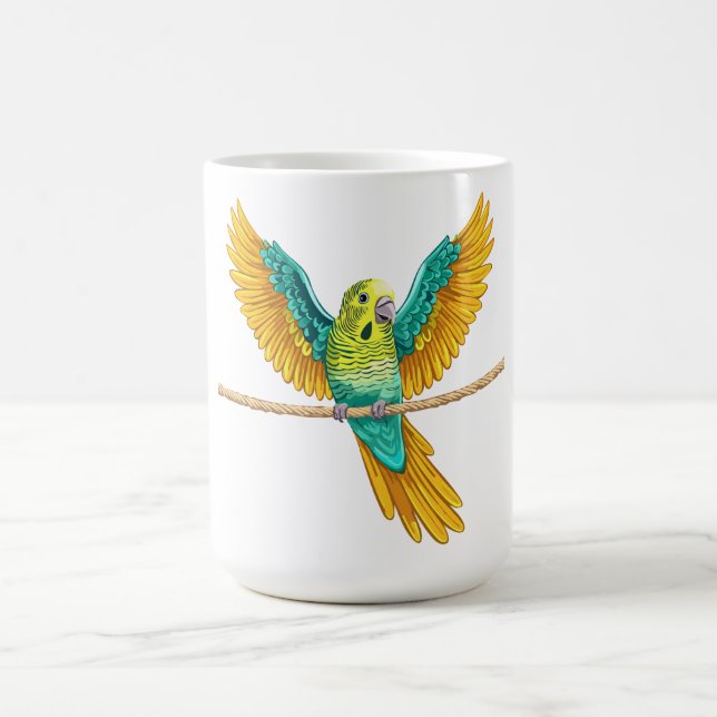 Budgie sitting on a rope with open wings coffee mug (Center)