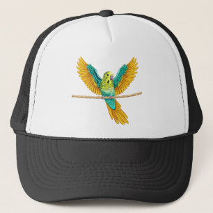 Budgie sitting on a rope with open wings trucker hat