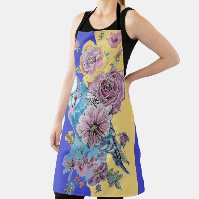Budgie Watercolor Rose Floral Navy & Yellow Apron (Insitu)