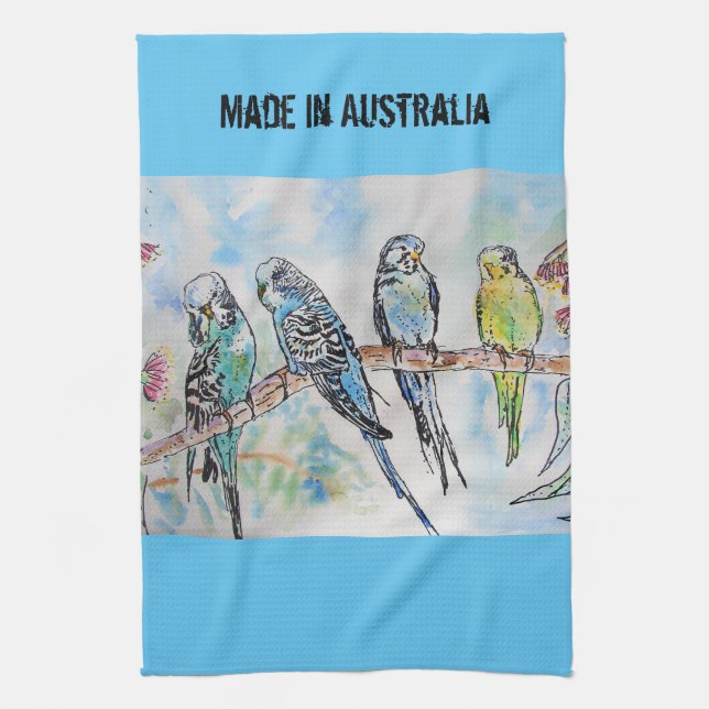 Budgie Watercolour Bird Cute Made In Australia Tea Towel (Vertical)