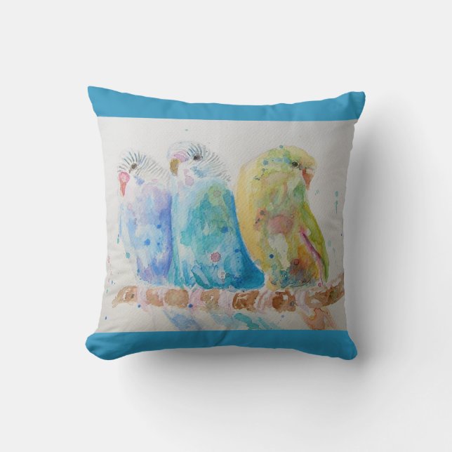 Budgie Watercolour Painting bird Cushion Aqua Teal (Front)