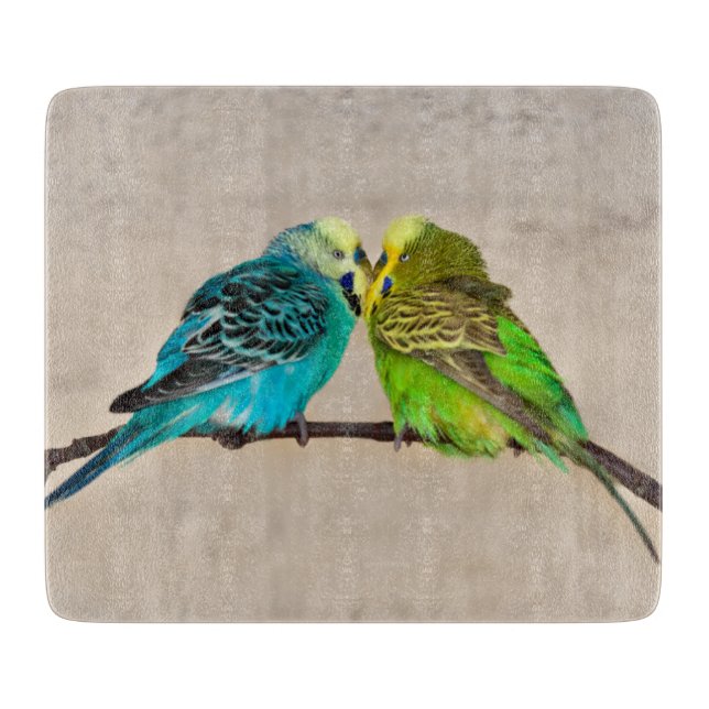 Budgies in Love Rectangular Glass Cutting Board (Front)