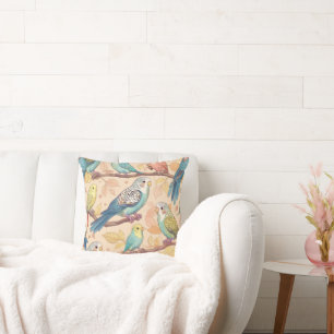 Budgies on Branches Elegant Peach & Pink Floral Cushion