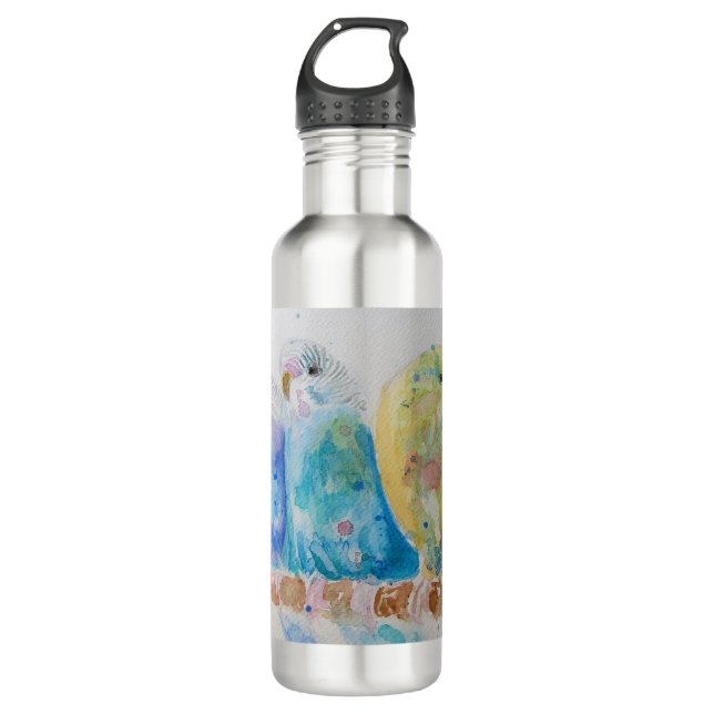 Budgies Sitting Branch Watercolor art Water Bottle (Front)