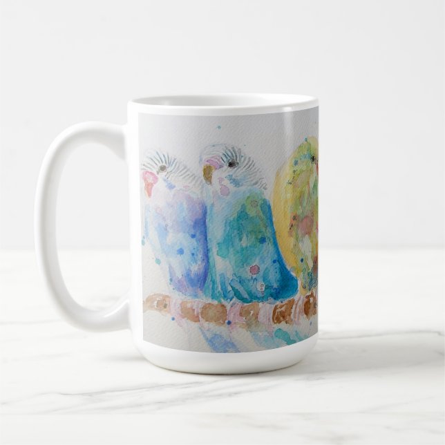 Budgies Three Sitting on Branch Blue Mug (Left)
