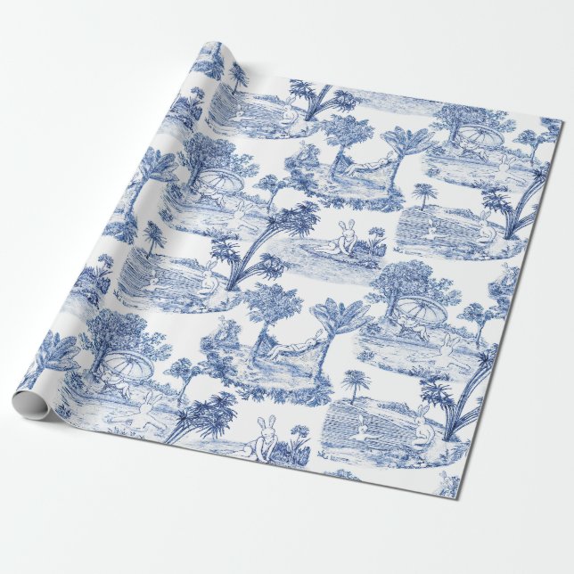 Bue Easter Bunny Toile Wrapping Paper (Unrolled)