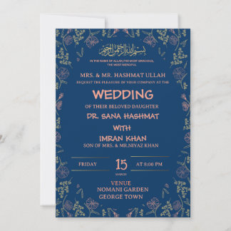 Bue & Peach Floral Muslim Wedding Invitation