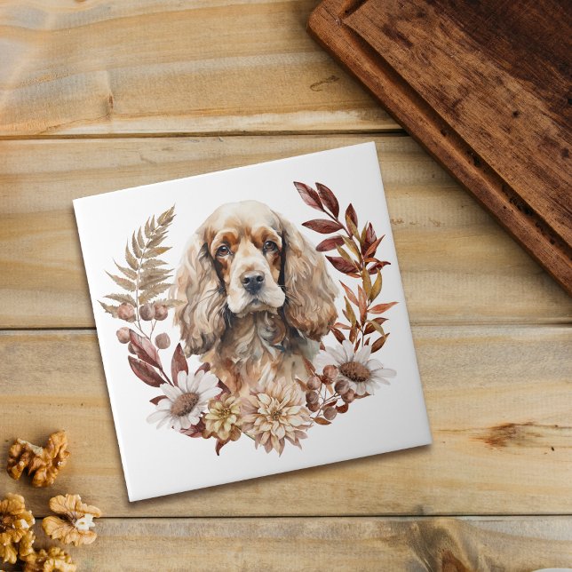 Buff American Cocker Spaniel Dog Autumn Wreath Ceramic Tile (Creator Uploaded)