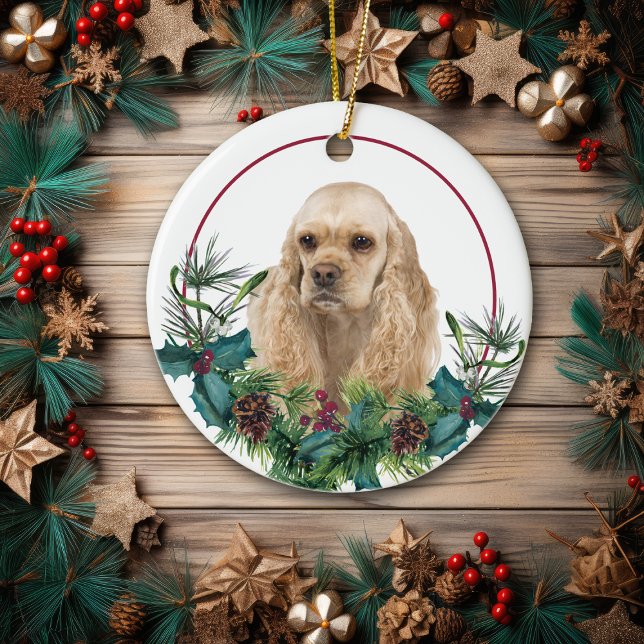 Buff American Cocker Spaniel Evergreen Wreath Ceramic Ornament (Creator Uploaded)