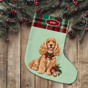 Buff Cocker Spaniel Dog Plaid Border Large Christmas Stocking