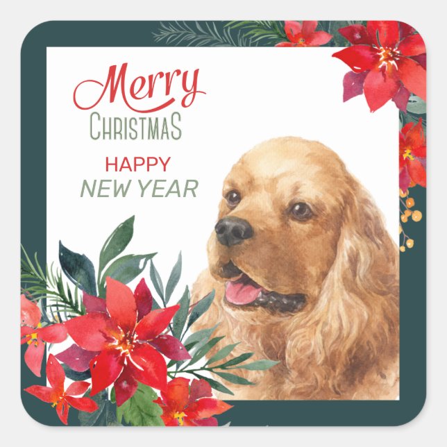 Buff Cocker Spaniel Dog Poinsettia Bouquet  Square Sticker (Front)