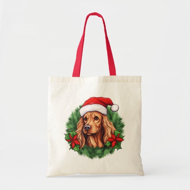 Buff Cocker Spaniel Holiday Wreath Tote Bag (Front)